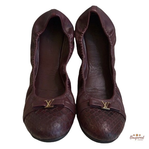 Authentic Louis Vuitton Maroon Leather Reptile Toe Bow Scrunch Ballet Flats 8 - Picture 3 of 13